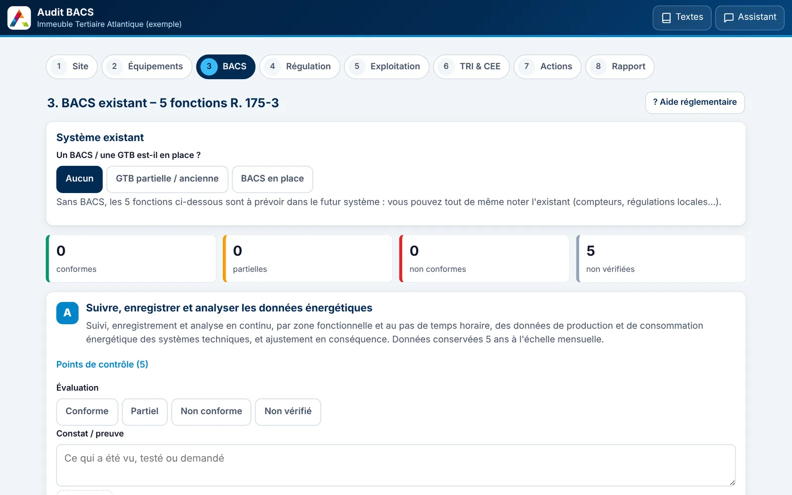 Écran de l'outil d'audit BACS : étape 3 sur 8, contrôle des cinq fonctions de l'article R. 175-3 avec compteurs de fonctions conformes, partielles, non conformes et non vérifiées.