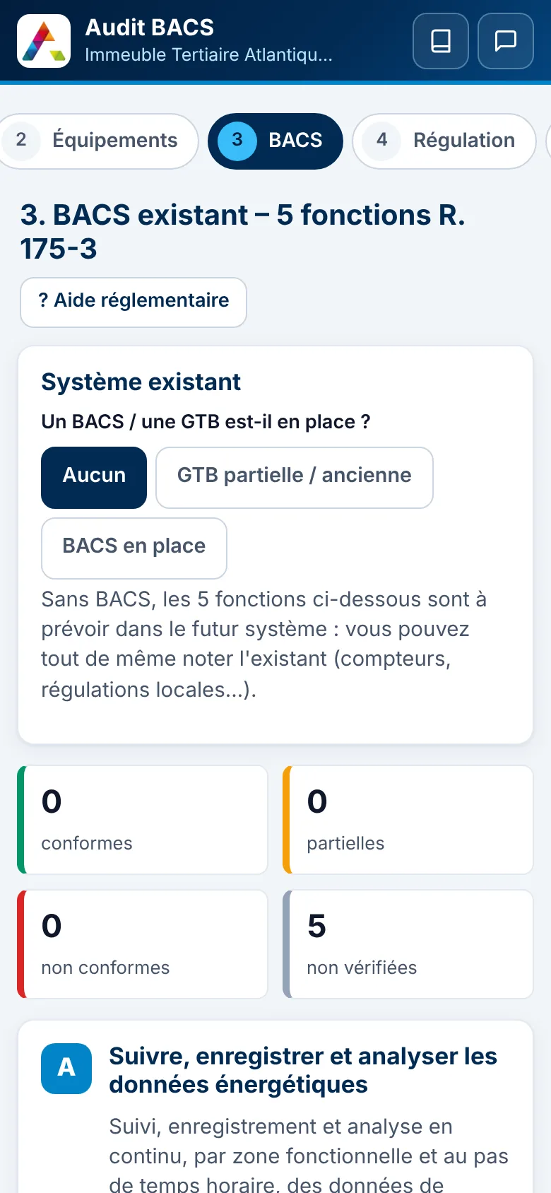 L'outil d'audit BACS affiché sur un smartphone, à l'étape de contrôle du système existant.